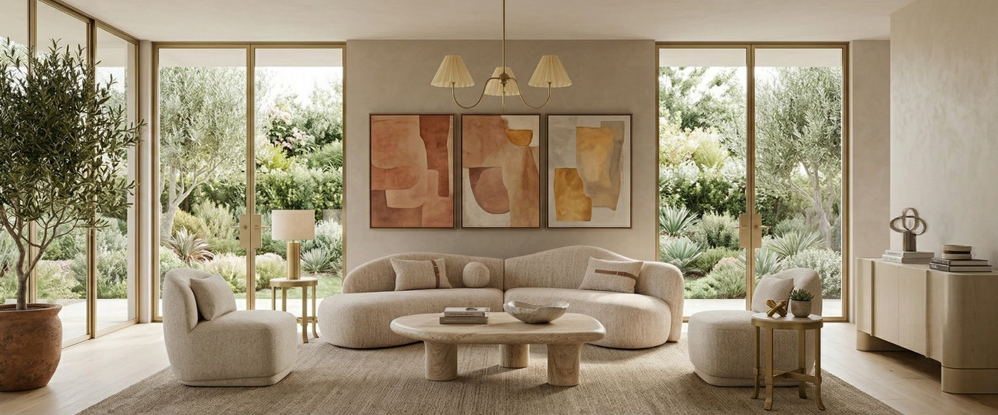 Discover at OROA classic contemporary living room with a large sofa, coffee table, and abstract art on the wall. | Oroa.com