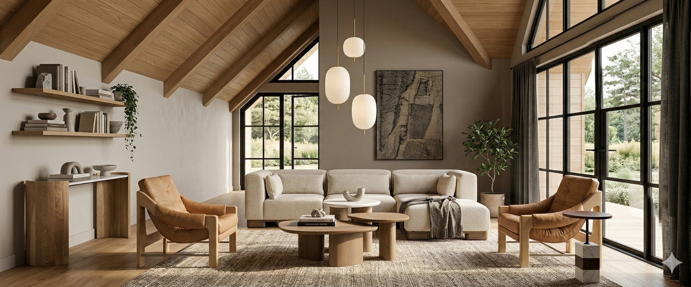 An open Scandinavian living space from OROA shaped by pale wood, streamlined seating, and a light-filled interior. | Oroa.com