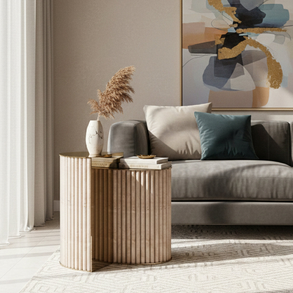 Modern European furniture - Ribbed Travertine Side Table - www.oroa.com | Oroa.com