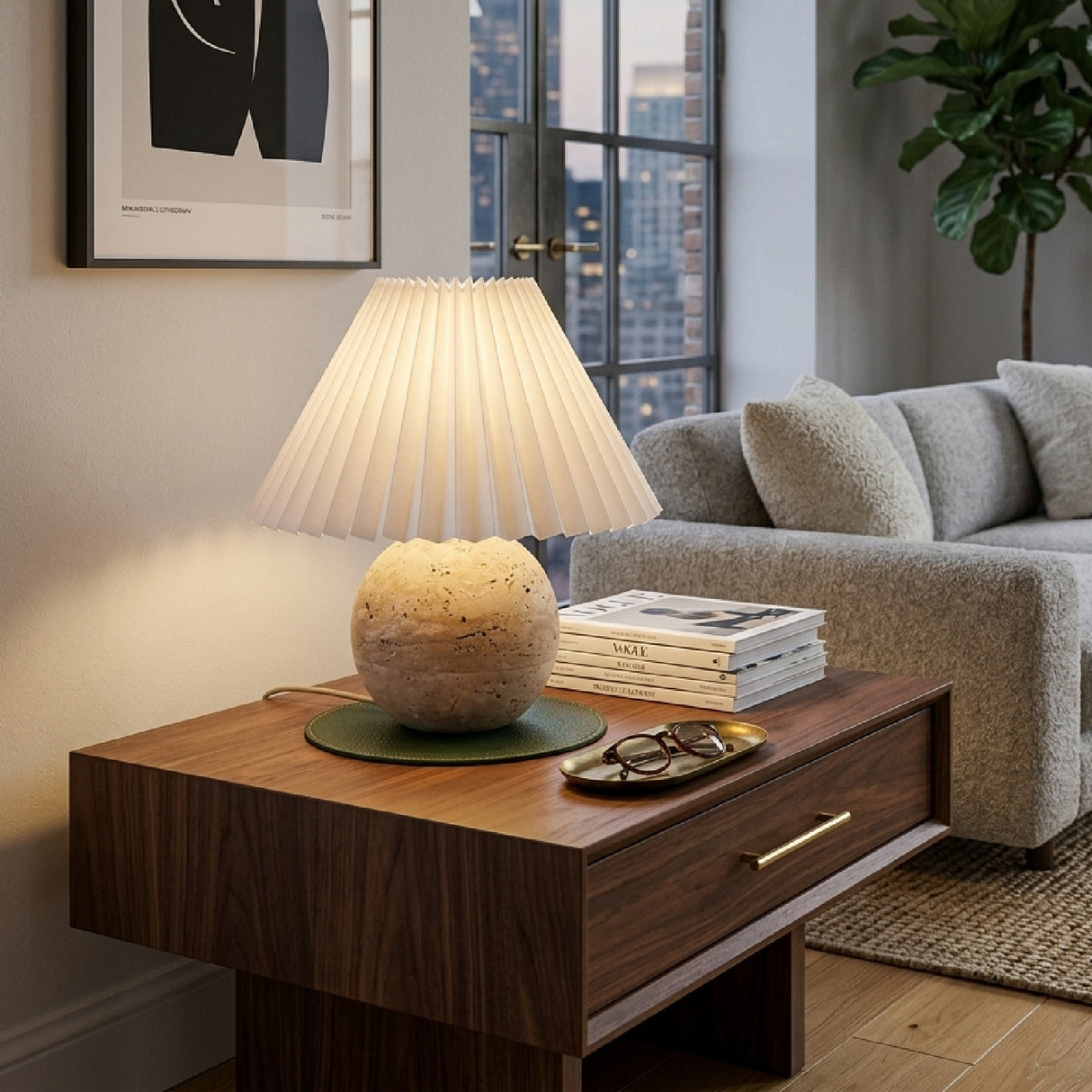 Modern European furniture - Pleated Linen Travertine Table Lamp - www.oroa.com | Oroa.com