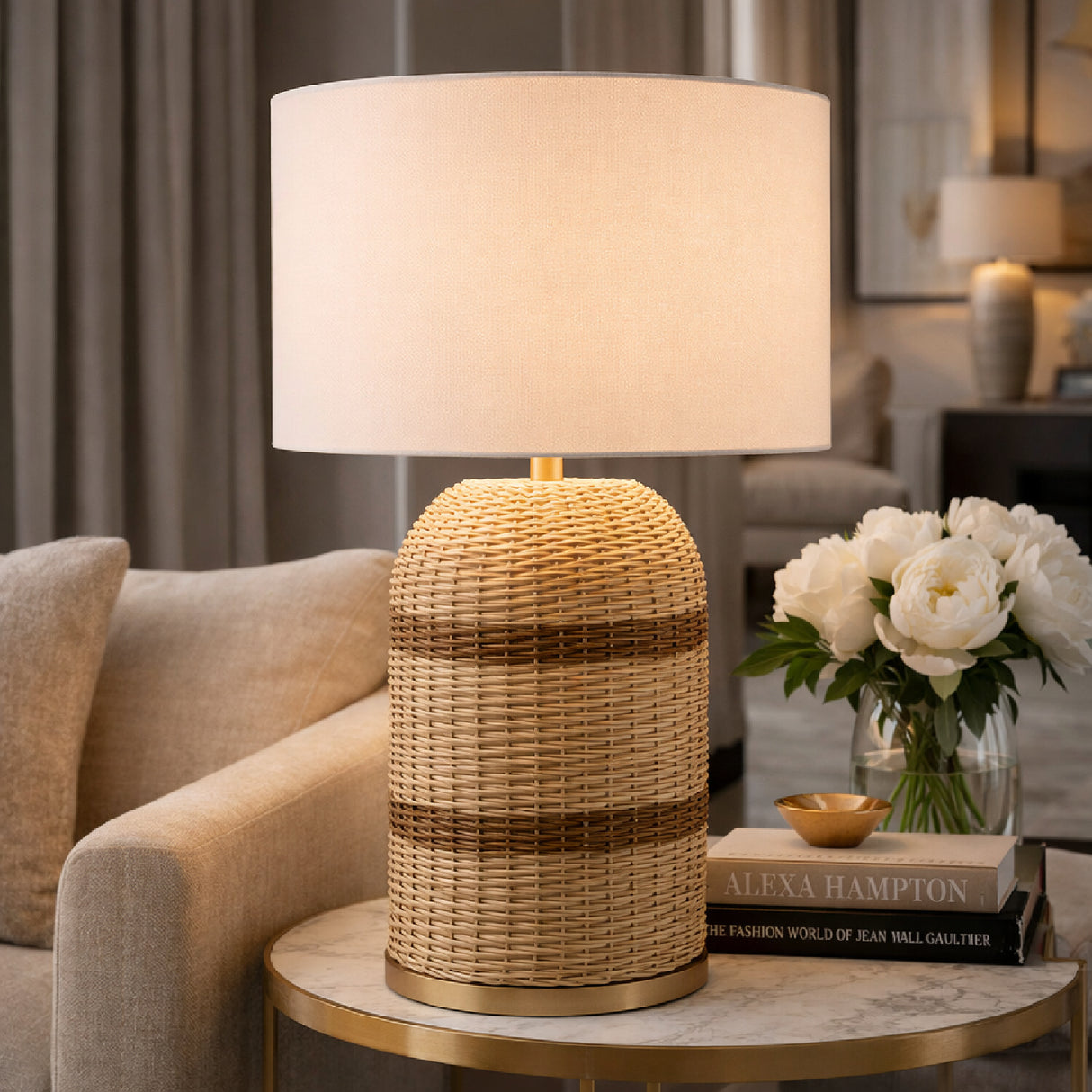 Modern European furniture - Beige Lined Rattan Table Lamp - www.oroa.com | Oroa.com