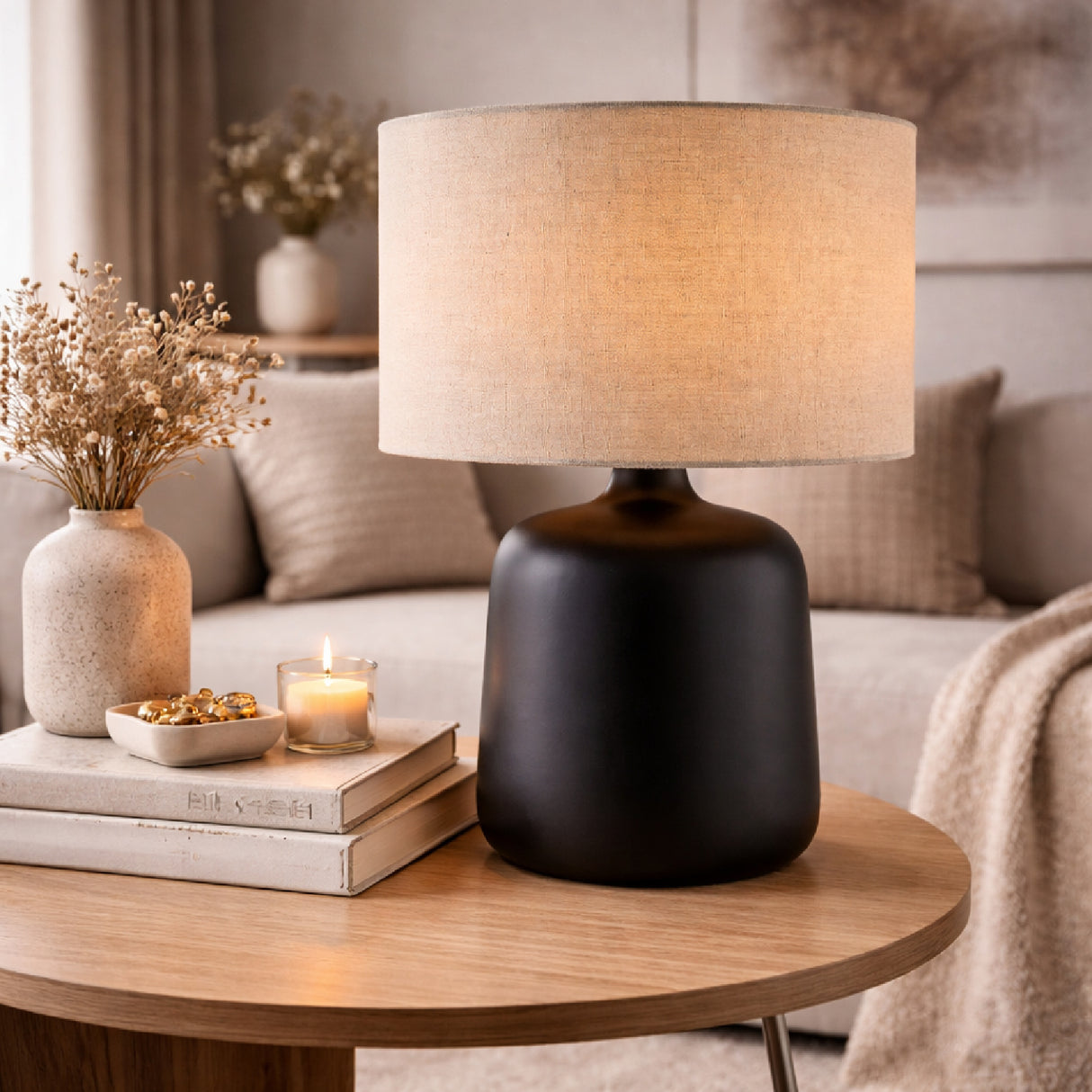 Modern European furniture - Beige Linen Ceramic Table Lamp S - www.oroa.com | Oroa.com
