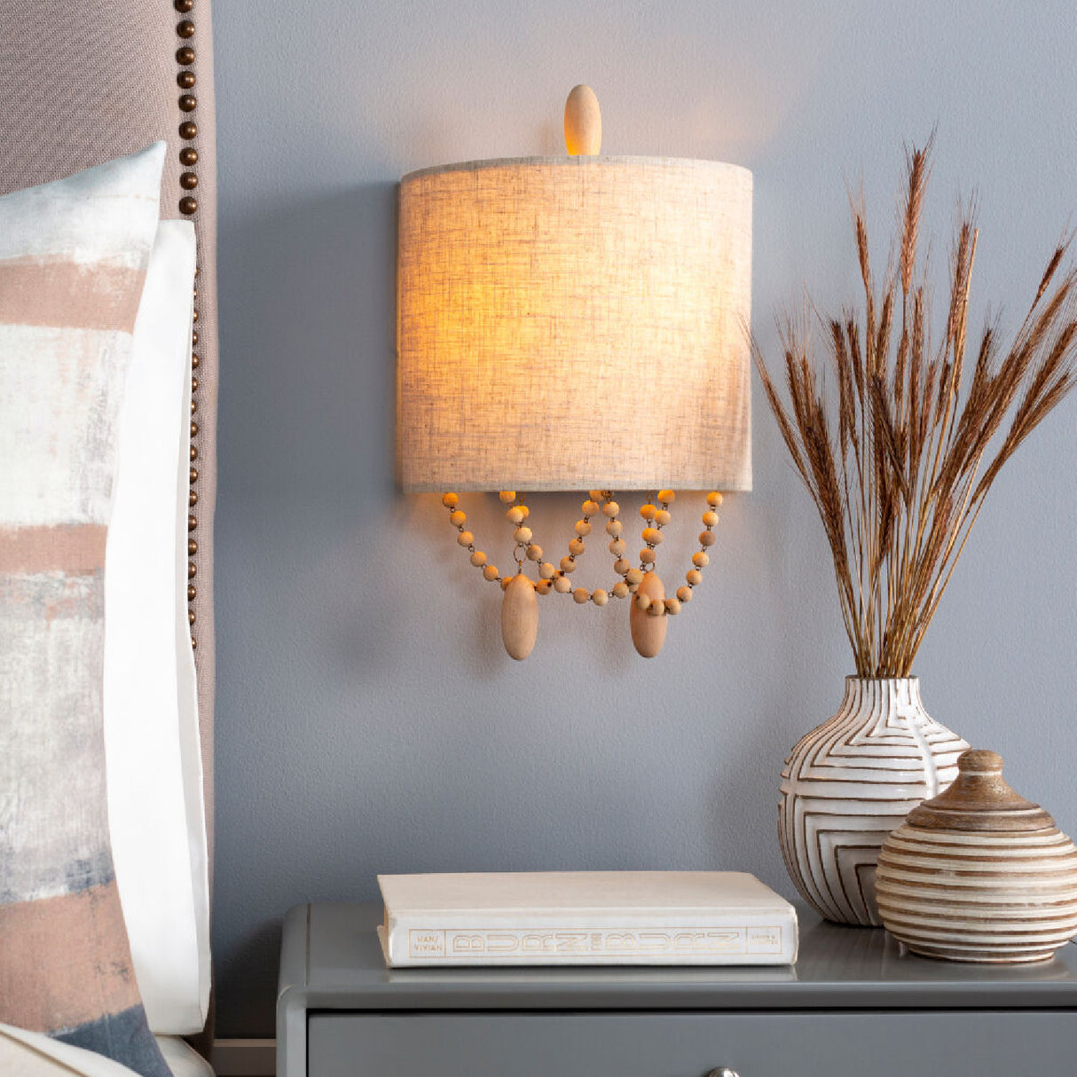 Modern European furniture - Beige Linen Beaded Wall Lamp - www.oroa.com | Oroa.com