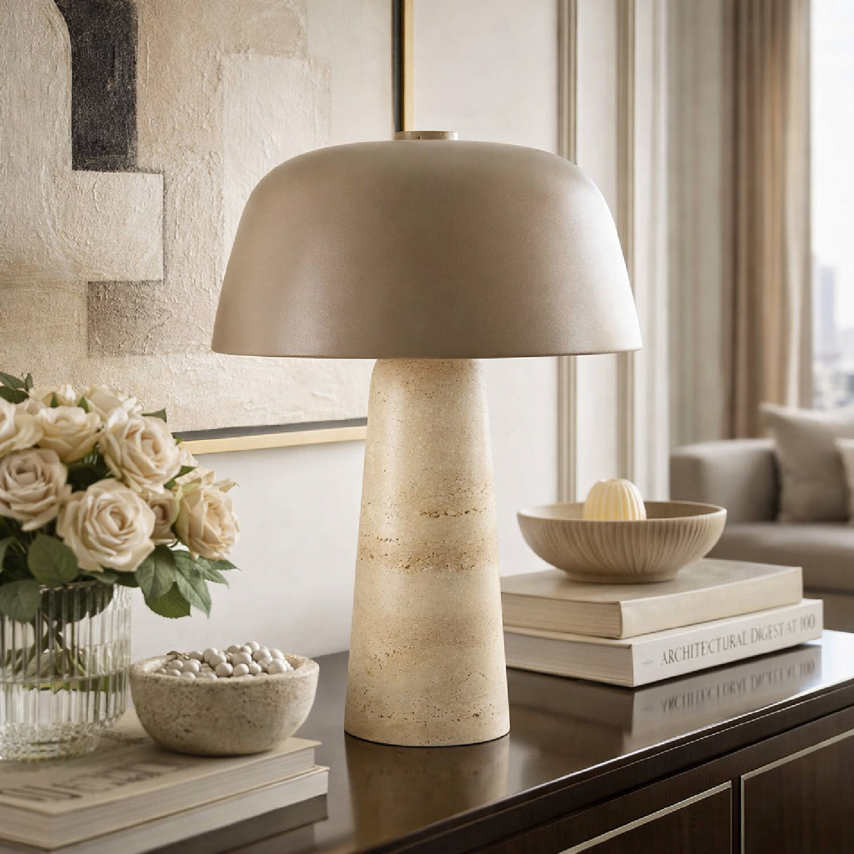 Modern European furniture - Metal Shade Travertine Table Lamp L - www.oroa.com | Oroa.com