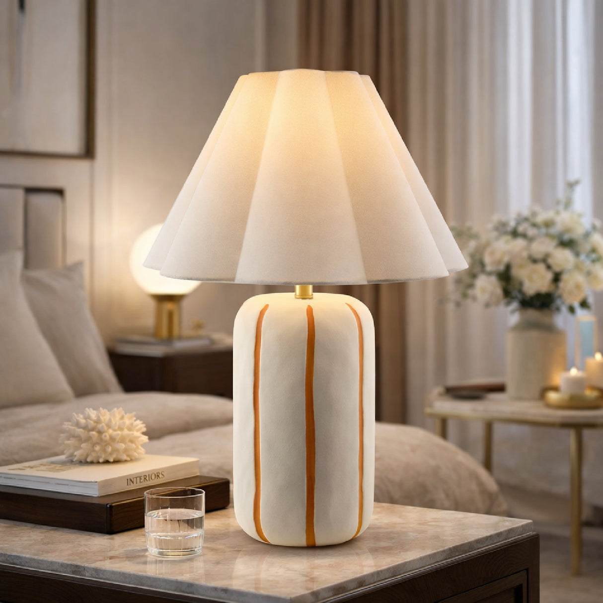Modern European furniture - Scalloped White Linen Table Lamp - www.oroa.com | Oroa.com