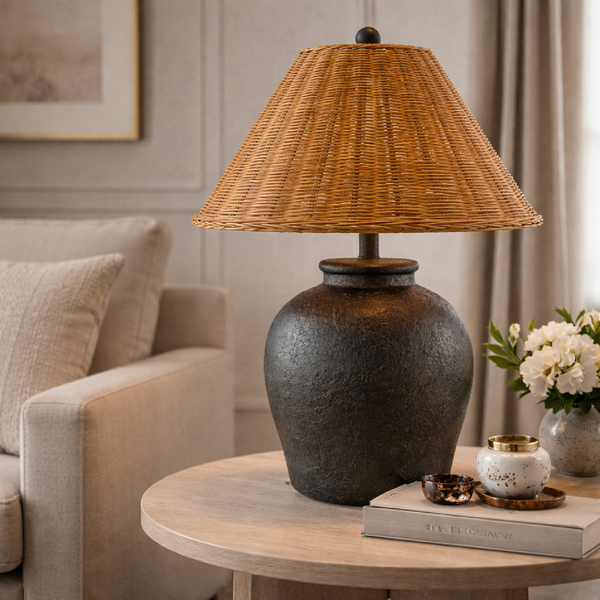 Modern European furniture - Brown Rattan Ceramic Table Lamp - www.oroa.com | Oroa.com