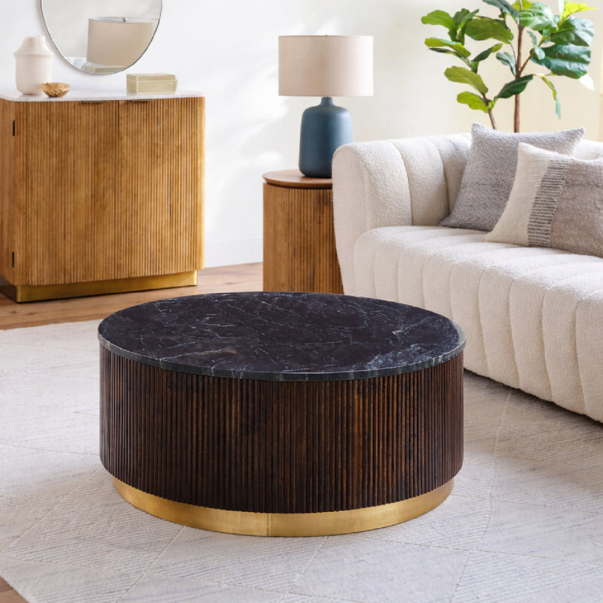 Modern furniture - Reeded Wood Marble Coffee Table - www.oroa.com | Oroa.com