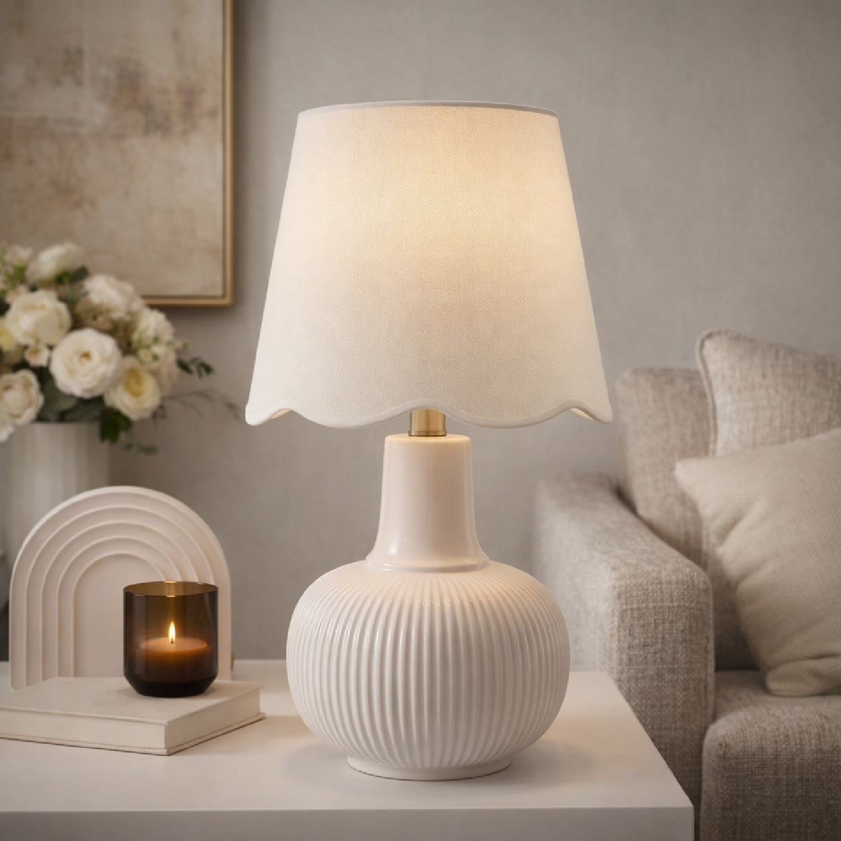 Modern European furniture - Scalloped White Linen Table Lamp - www.oroa.com | Oroa.com