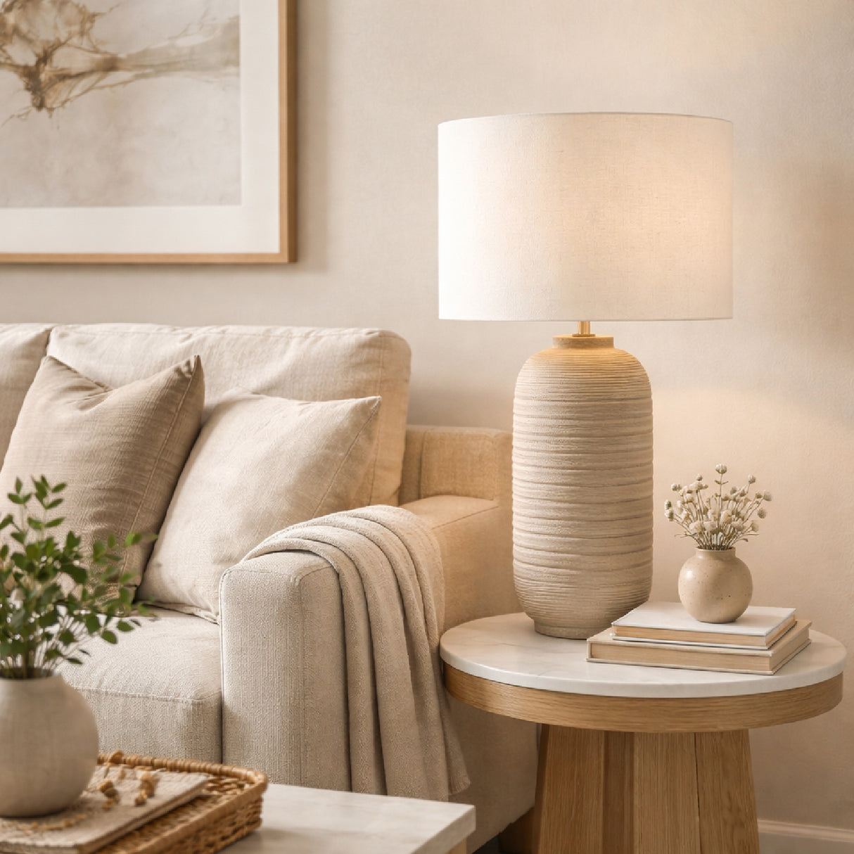 Modern European furniture - Beige Linen Ceramic Table Lamp - www.oroa.com | Oroa.com