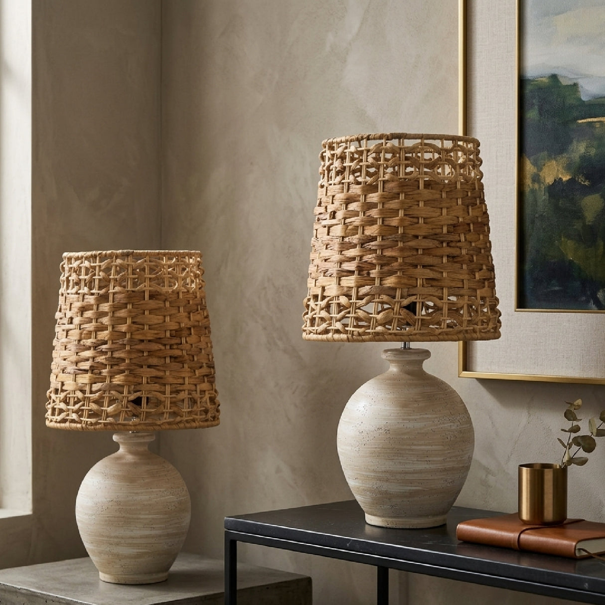 Modern European furniture - Cement Woven Seagrass Table Lamps (2) - www.oroa.com | Oroa.com
