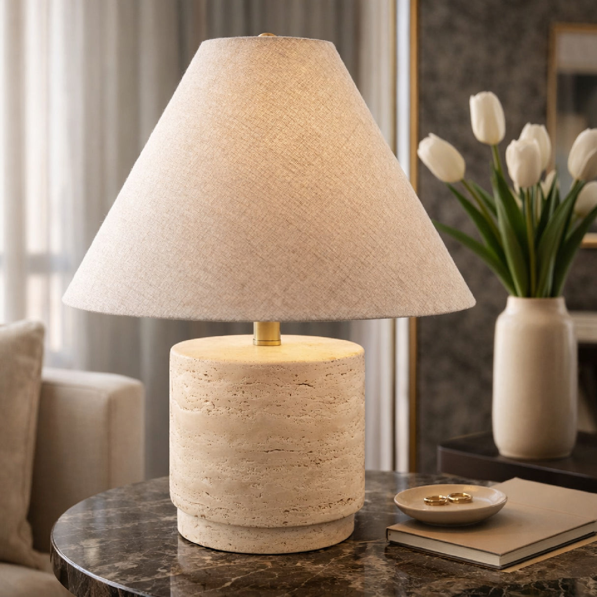 Modern European furniture - Travertine Base Accent Table Lamp - www.oroa.com | Oroa.com