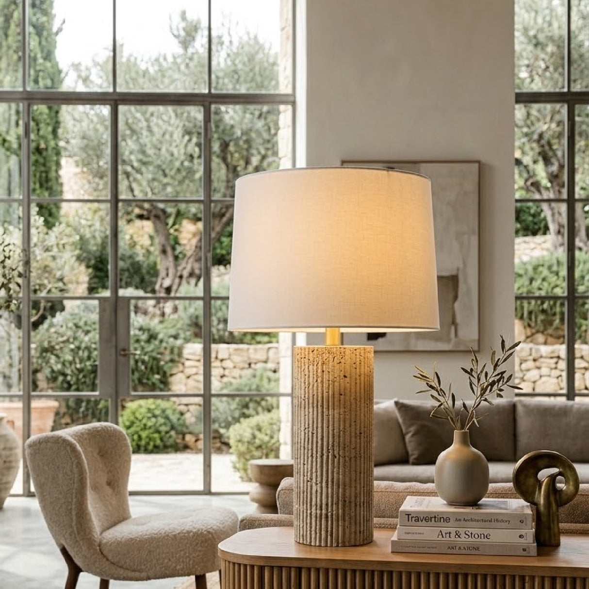 Modern European furniture - Reeded Travertine Accent Table Lamp - www.oroa.com | Oroa.com