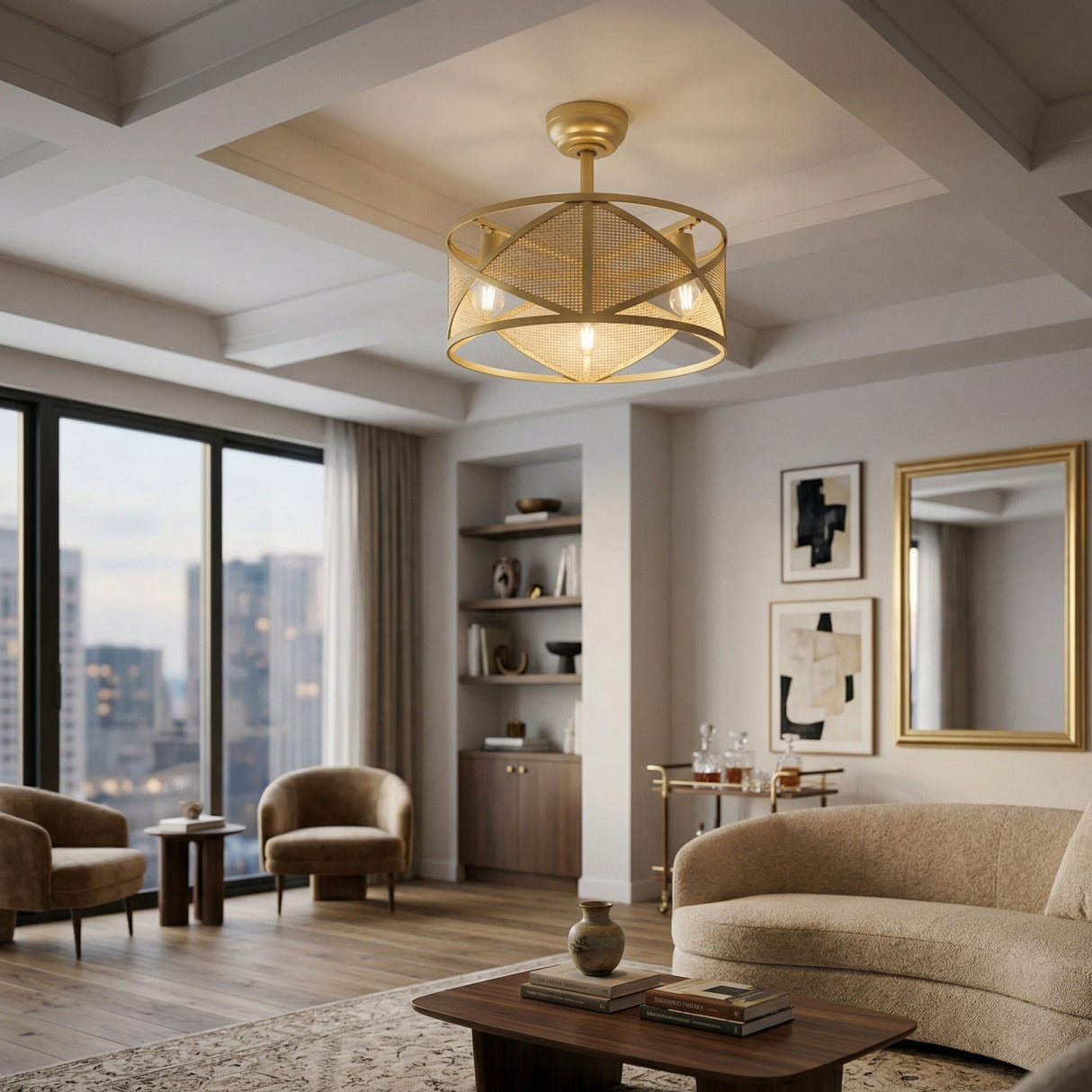 Modern European furniture - Gold Framed Rattan Chandelier - www.oroa.com | Oroa.com