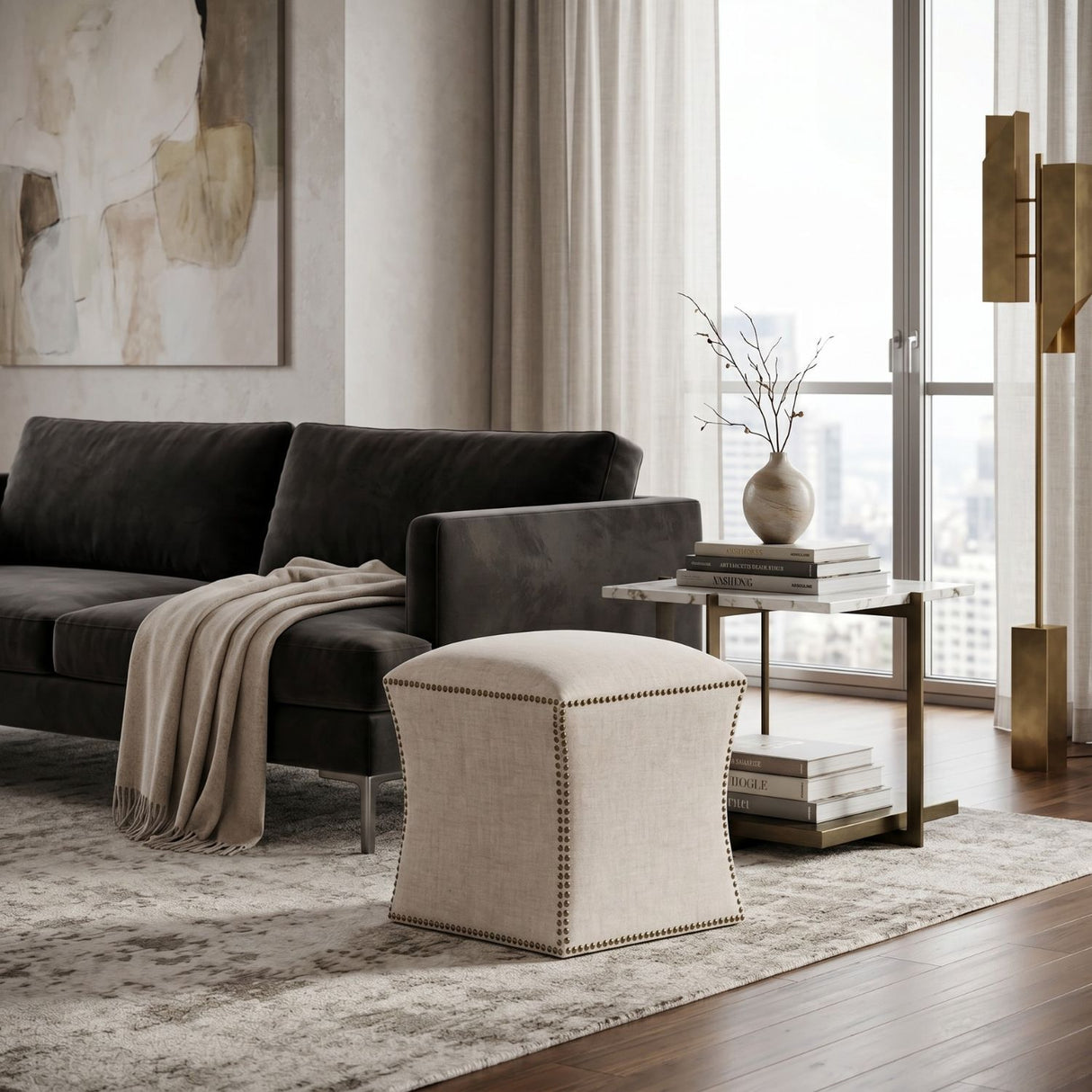 Nailhead Trimmed Linen Ottoman | Oroa.com