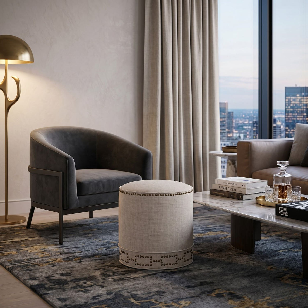 Cylindrical French Linen Ottoman | Oroa.com