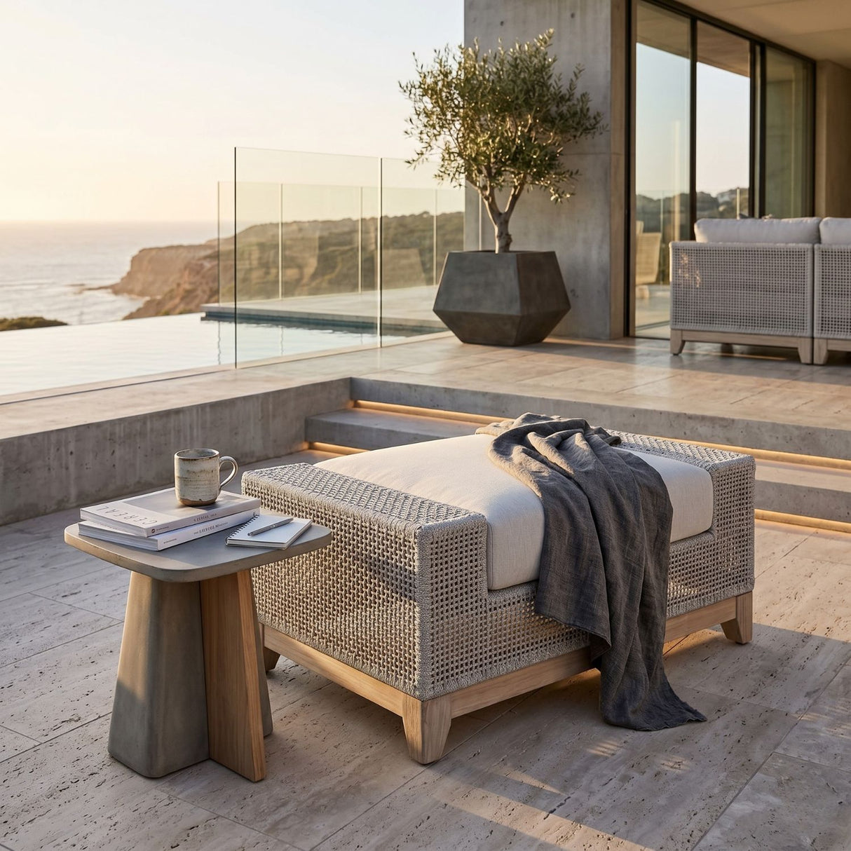 Beige Woven Rope Outdoor Ottoman | Oroa.com