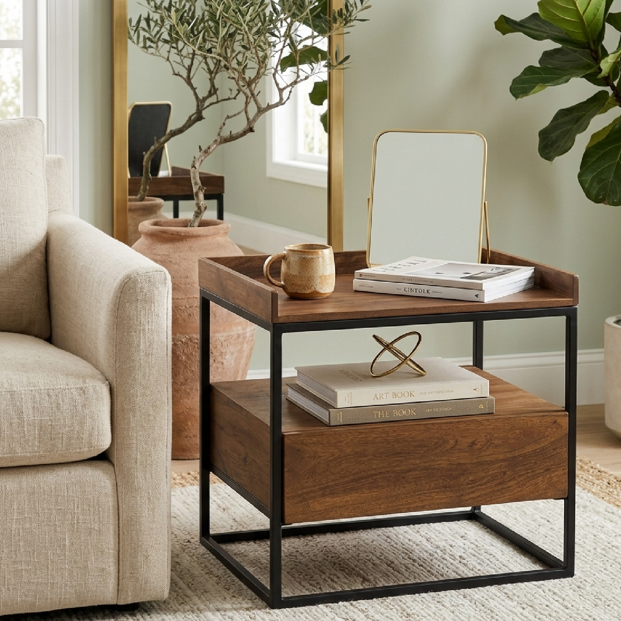 Modern European furniture - Brown Acacia 1-Drawer Side Table - www.oroa.com | Oroa.com