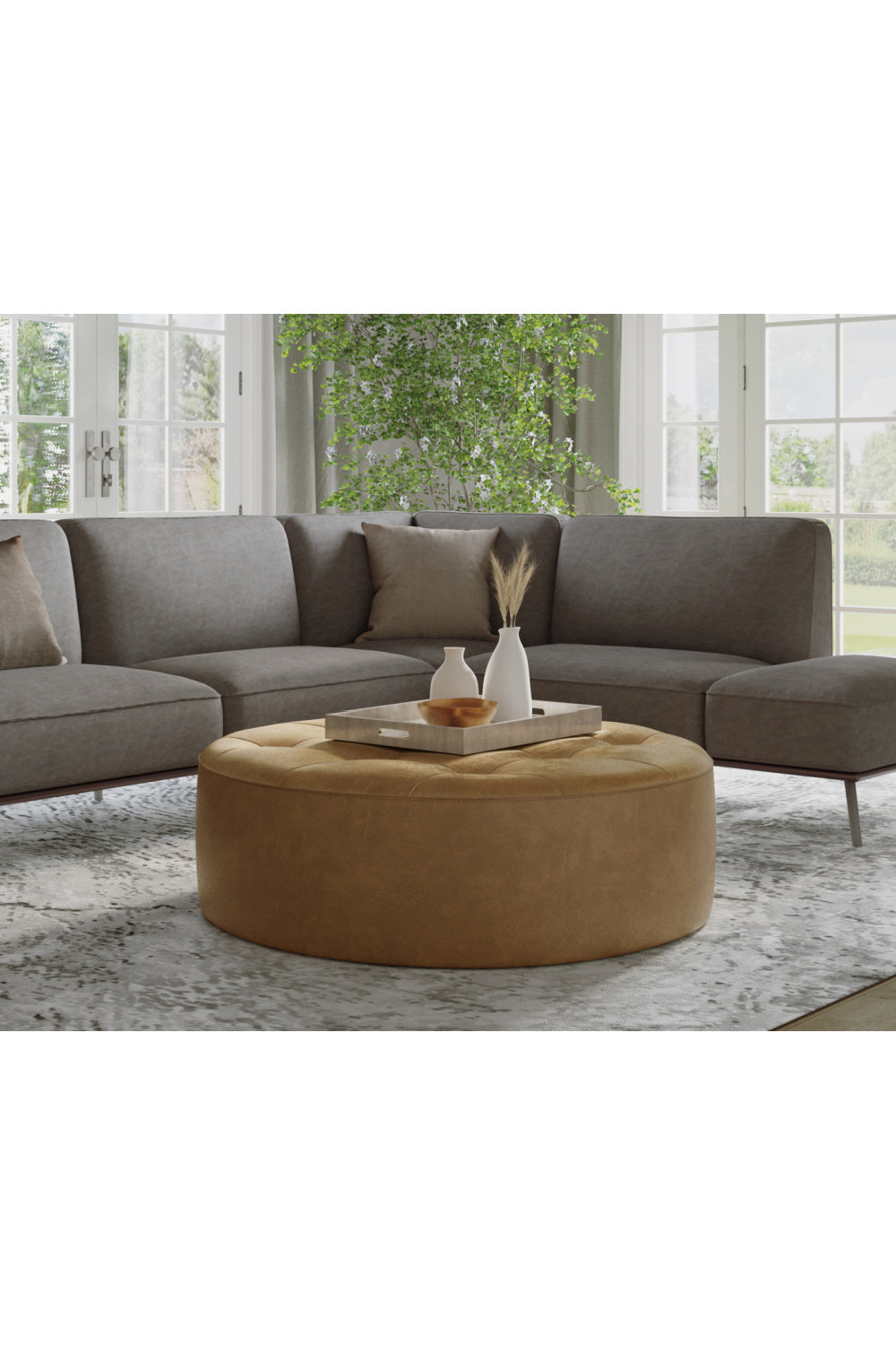 Modern European furniture - Brown Leather Round Ottoman - www.oroa.com | Oroa.com
