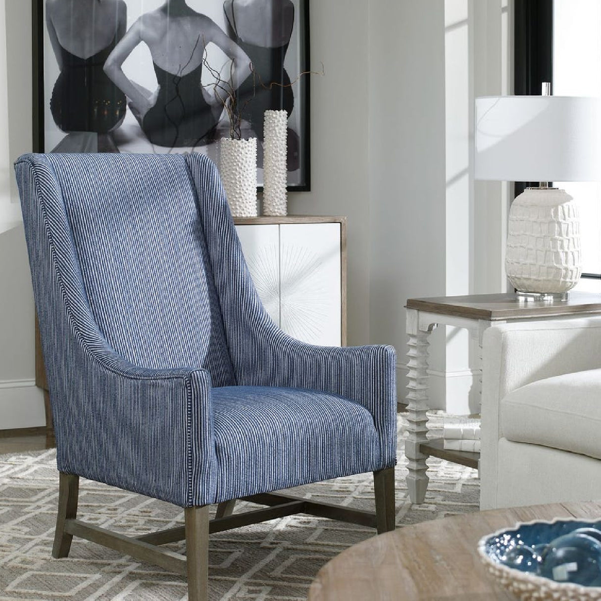 Modern European furniture - Blue Stripes High-Back Accent Chair - www.oroa.com | Oroa.com