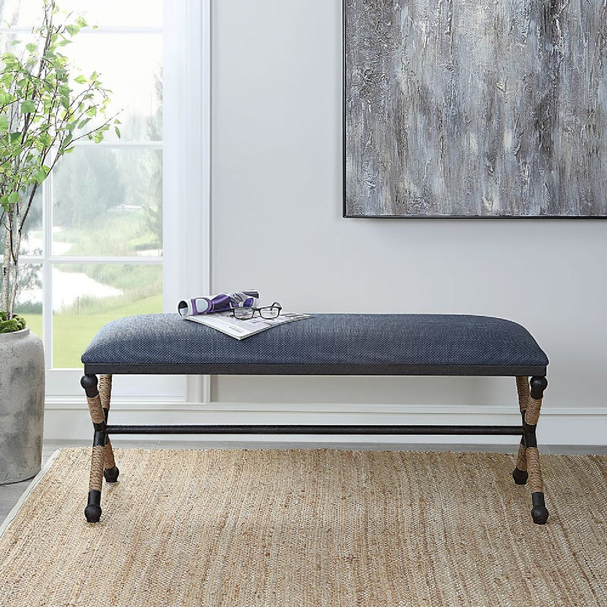 Modern European furniture - Blue Cotton Blend Bench - www.oroa.com | Oroa.com