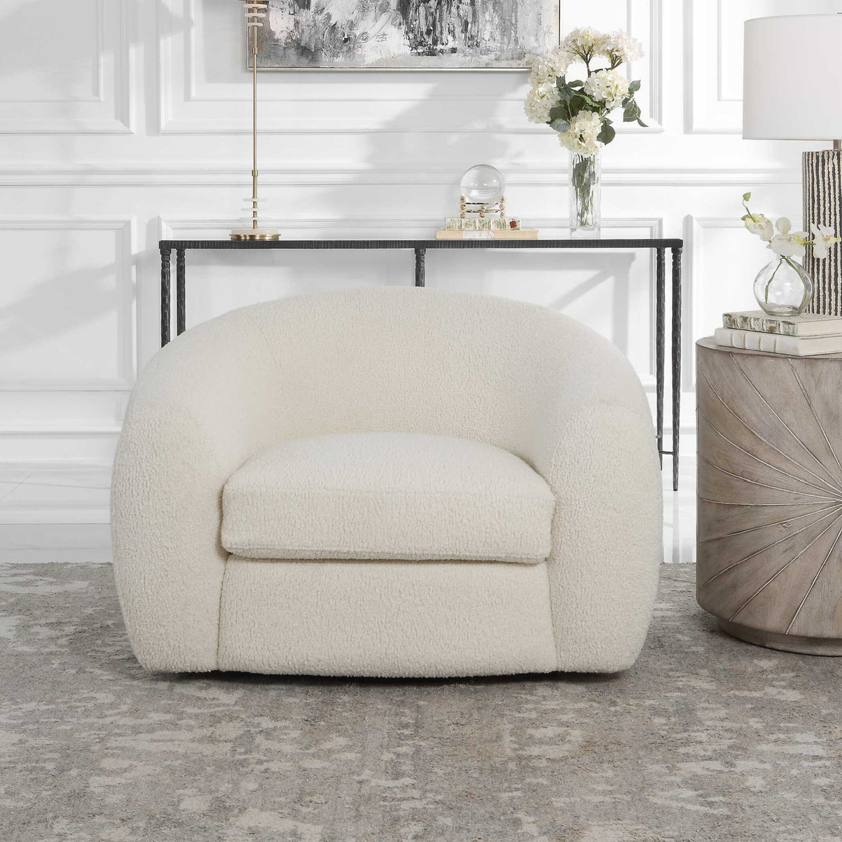 White Shearling Curved Swivel Chair | Oroa.com
