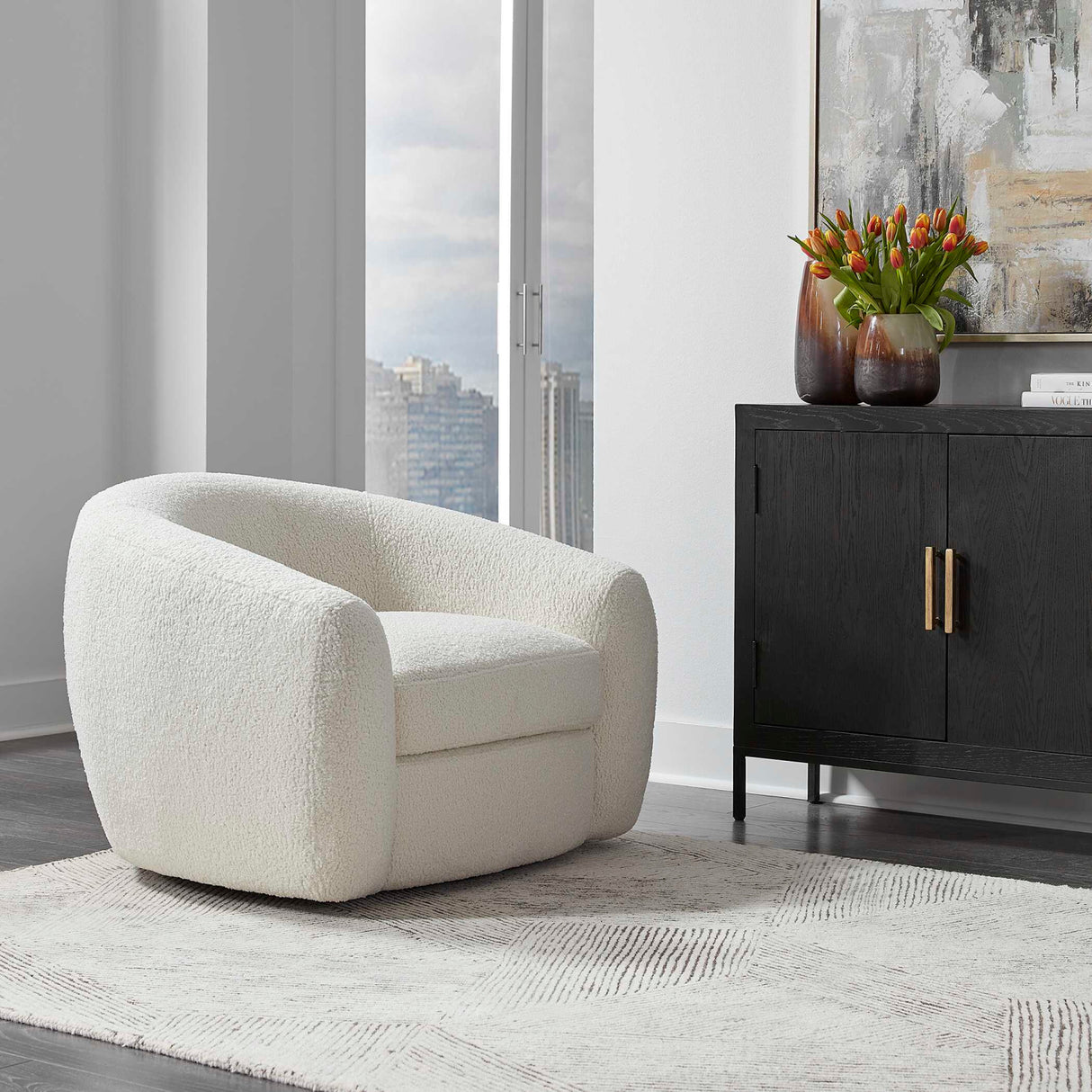 White Shearling Curved Swivel Chair | Oroa.com