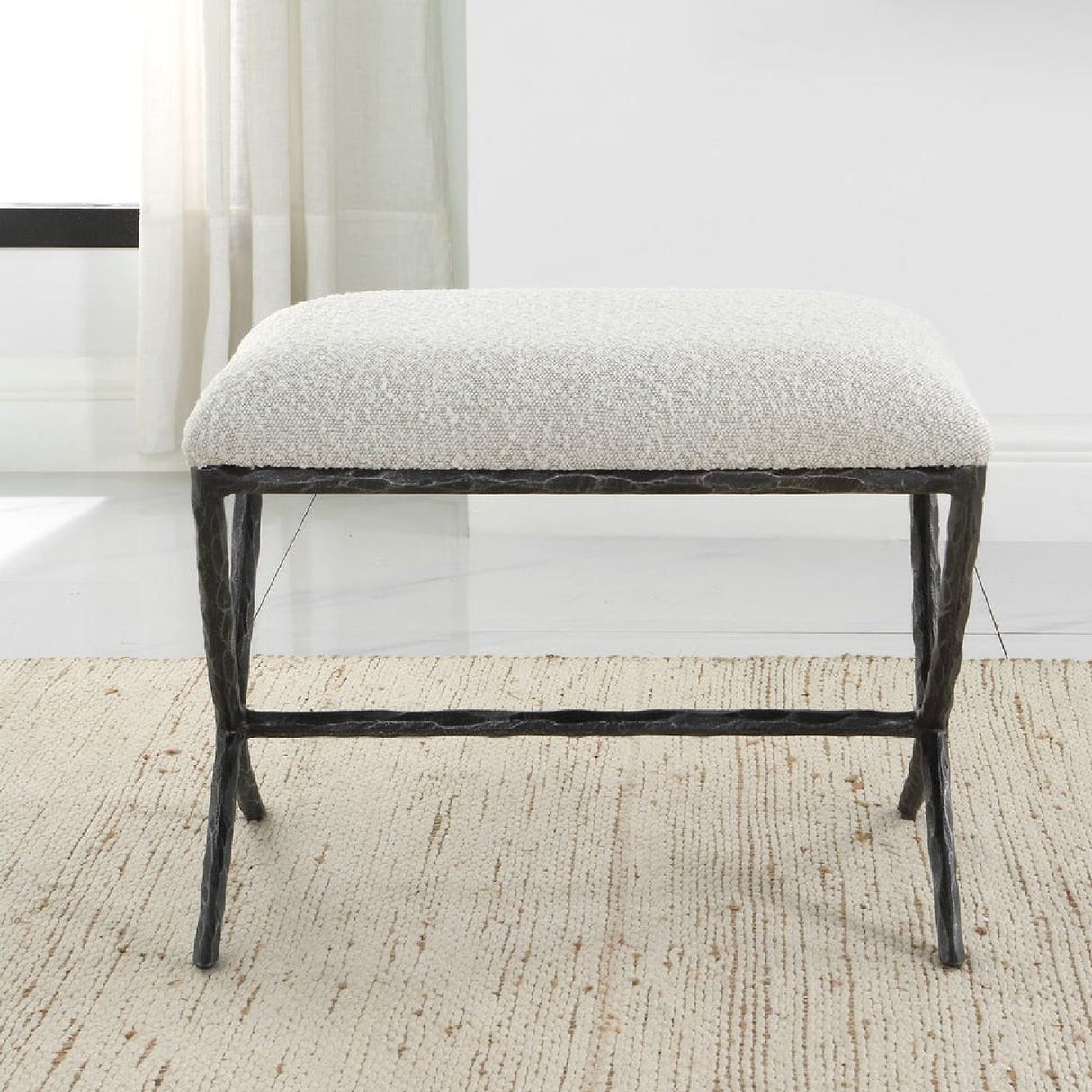 Modern European furniture - Iron Base White Boucle Bench S - www.oroa.com | Oroa.com
