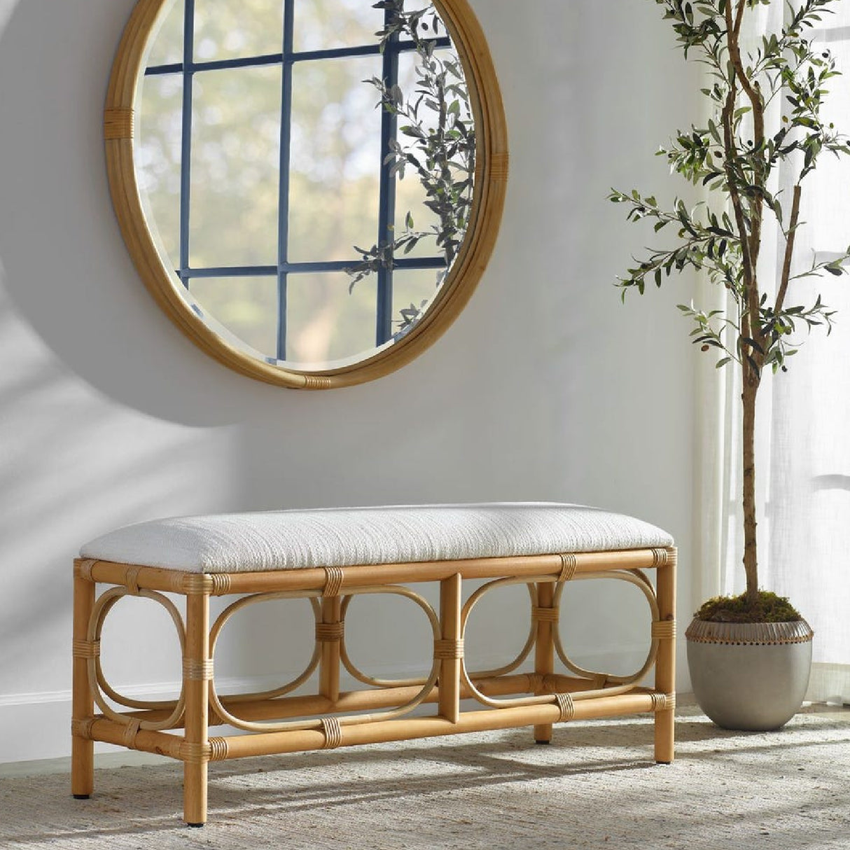 Modern European furniture - Rattan Base White Fabric Bench - www.oroa.com | Oroa.com