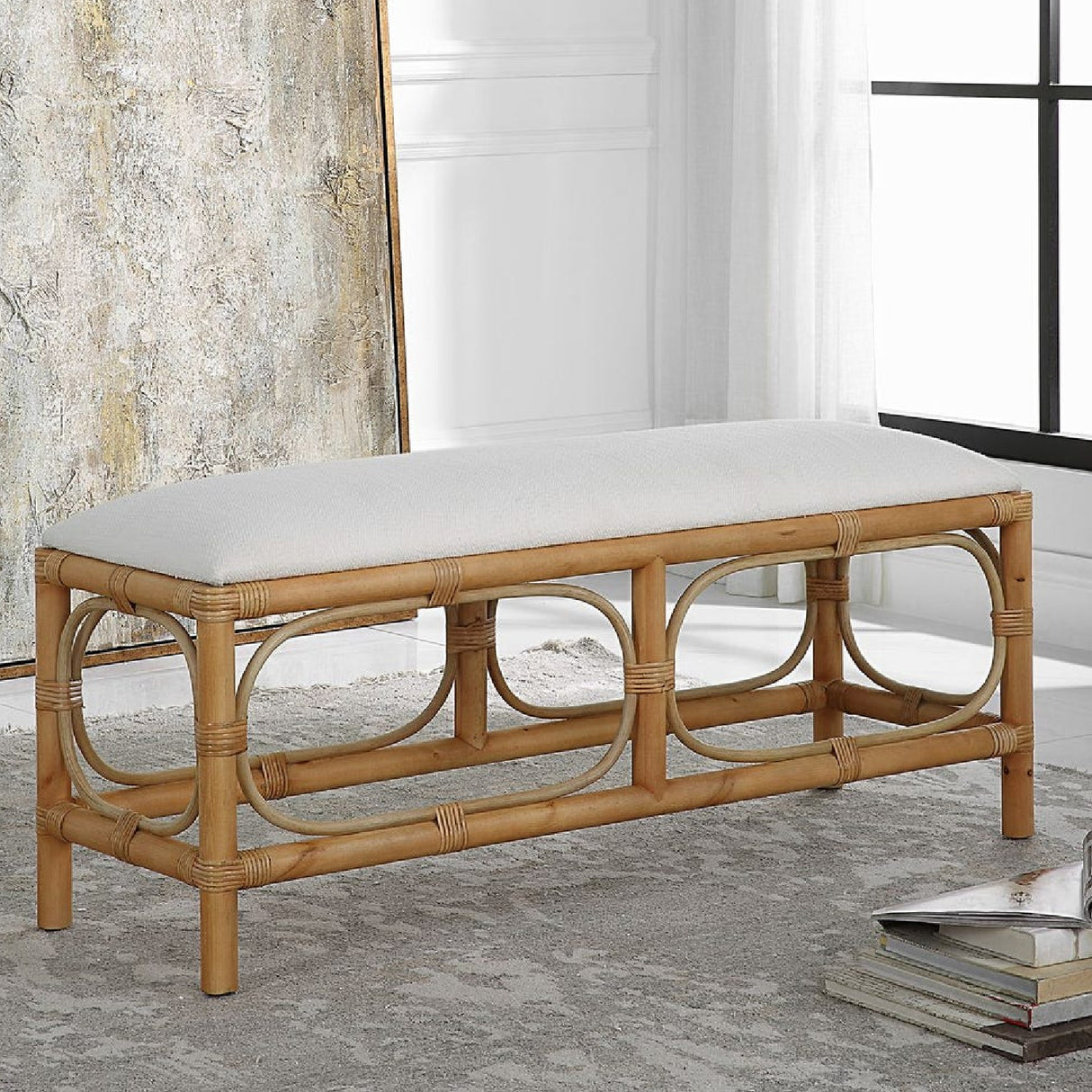 Modern European furniture - Rattan Base White Fabric Bench - www.oroa.com | Oroa.com
