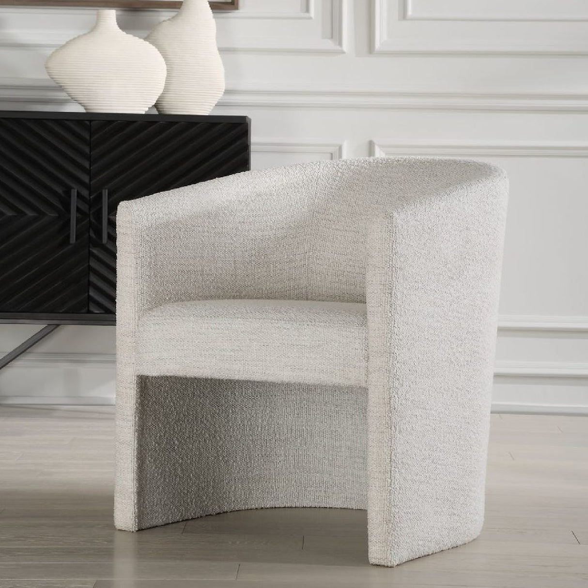 Modern European furniture - White Boucle Barrel Accent Chair - www.oroa.com | Oroa.com