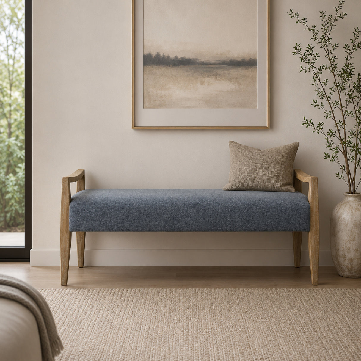 Modern European furniture - Wood Framed Blue Fabric Bench - www.oroa.com | Oroa.com