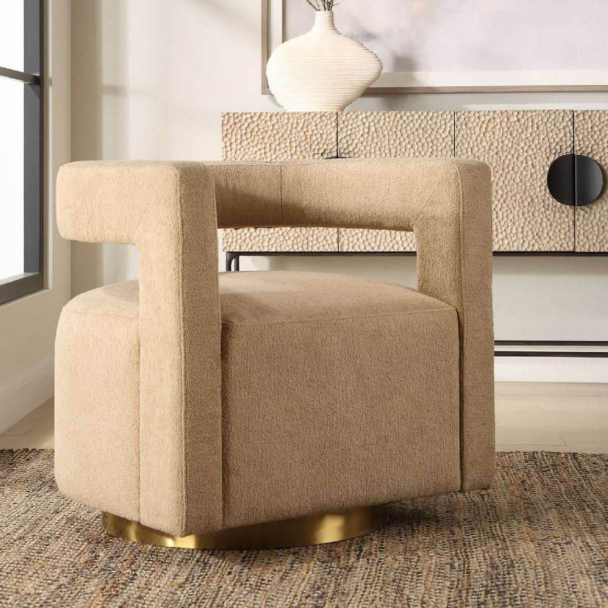 Modern European furniture - Beige Boucle Modern Swivel Chair - www.oroa.com | Oroa.com