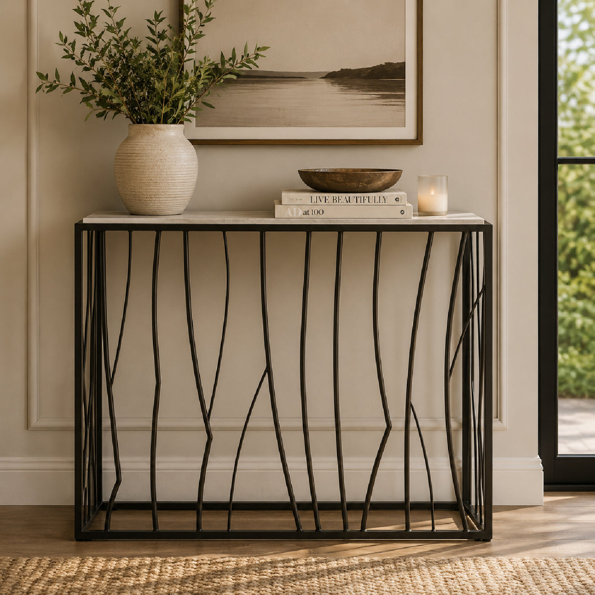 Iron Framed Travertine Console Table | Oroa.com
