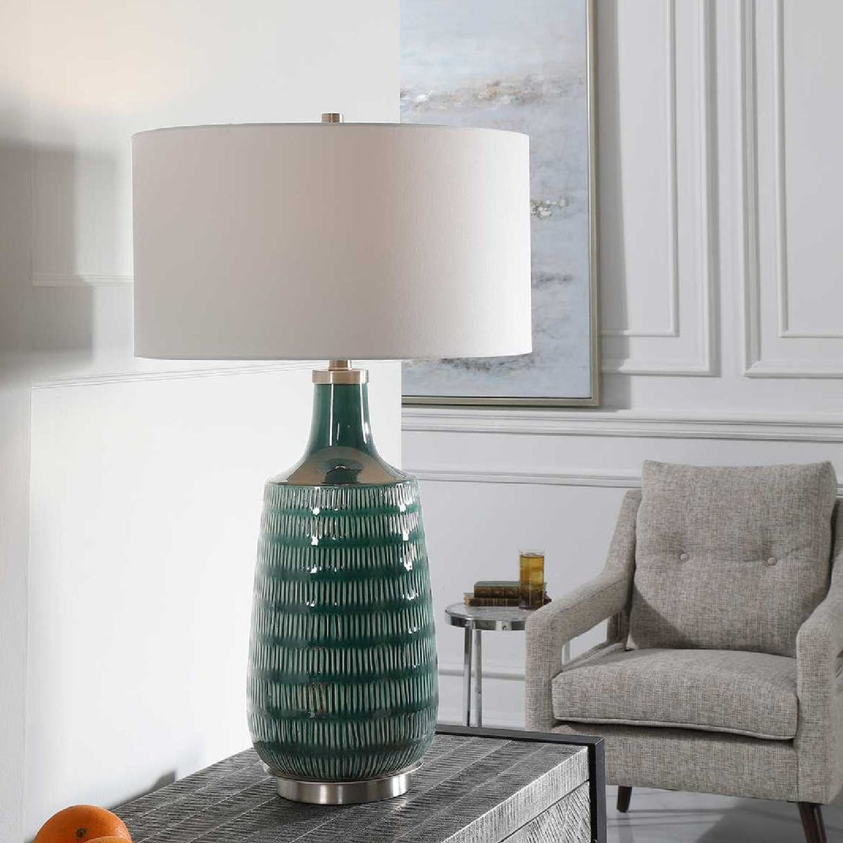 Carved Teal Ceramic Table Lamp | Oroa.com
