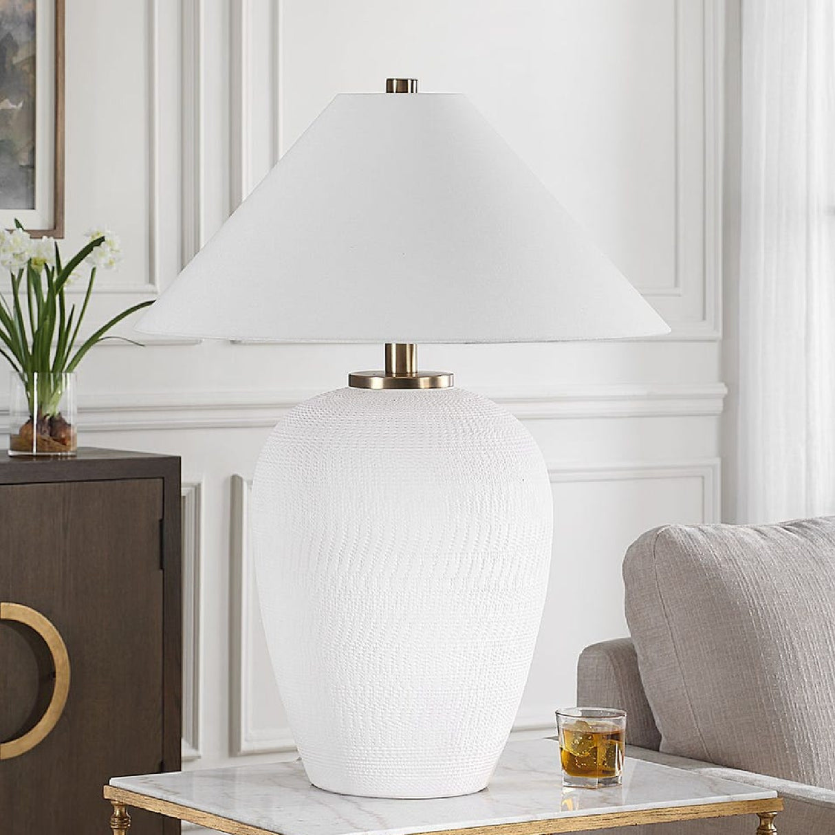 Hand-Carved White Ceramic Table Lamp | Oroa.com