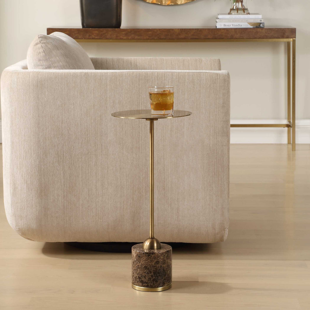 Modern European furniture - Brushed Brass Pedestal Drink Table - www.oroa.com | Oroa.com
