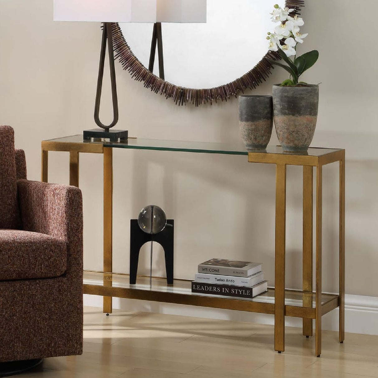 Modern European furniture - Gold Framed Glass Console Table - www.oroa.com | Oroa.com
