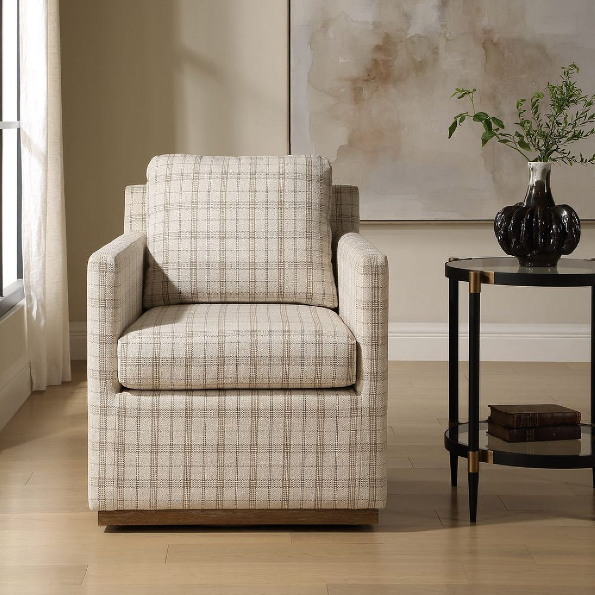 Modern European furniture - Beige Plaid Linen Swivel Chair - www.oroa.com | Oroa.com