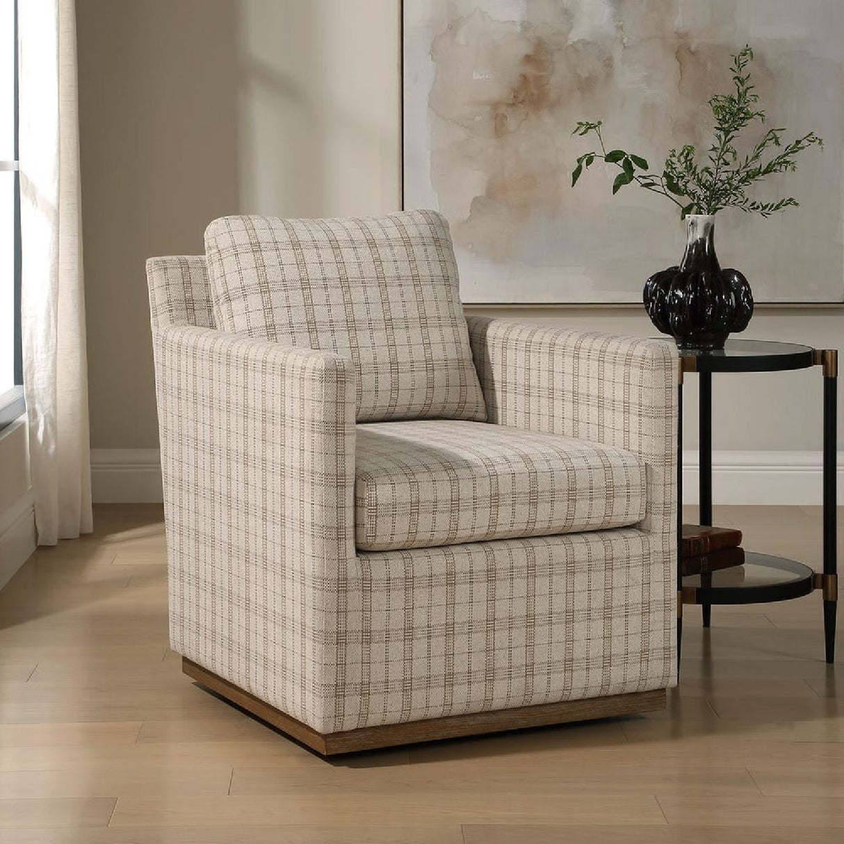 Modern European furniture - Beige Plaid Linen Swivel Chair - www.oroa.com | Oroa.com