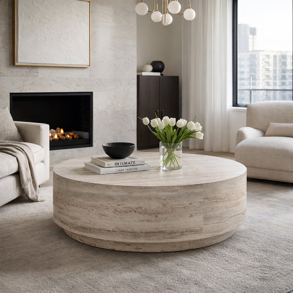 Round Travertine-Inspired Coffee Table | Oroa.com
