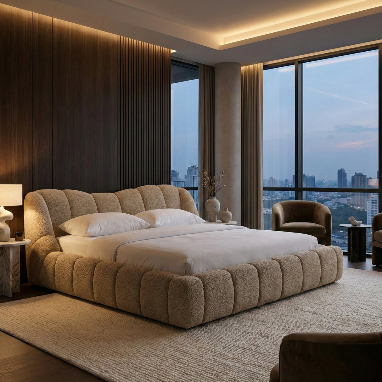 Tan Upholstered Panel Headboard Bed | Oroa.com