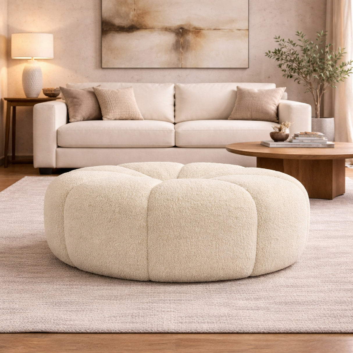Central-Tufted White Sherpa Ottoman | Oroa.com