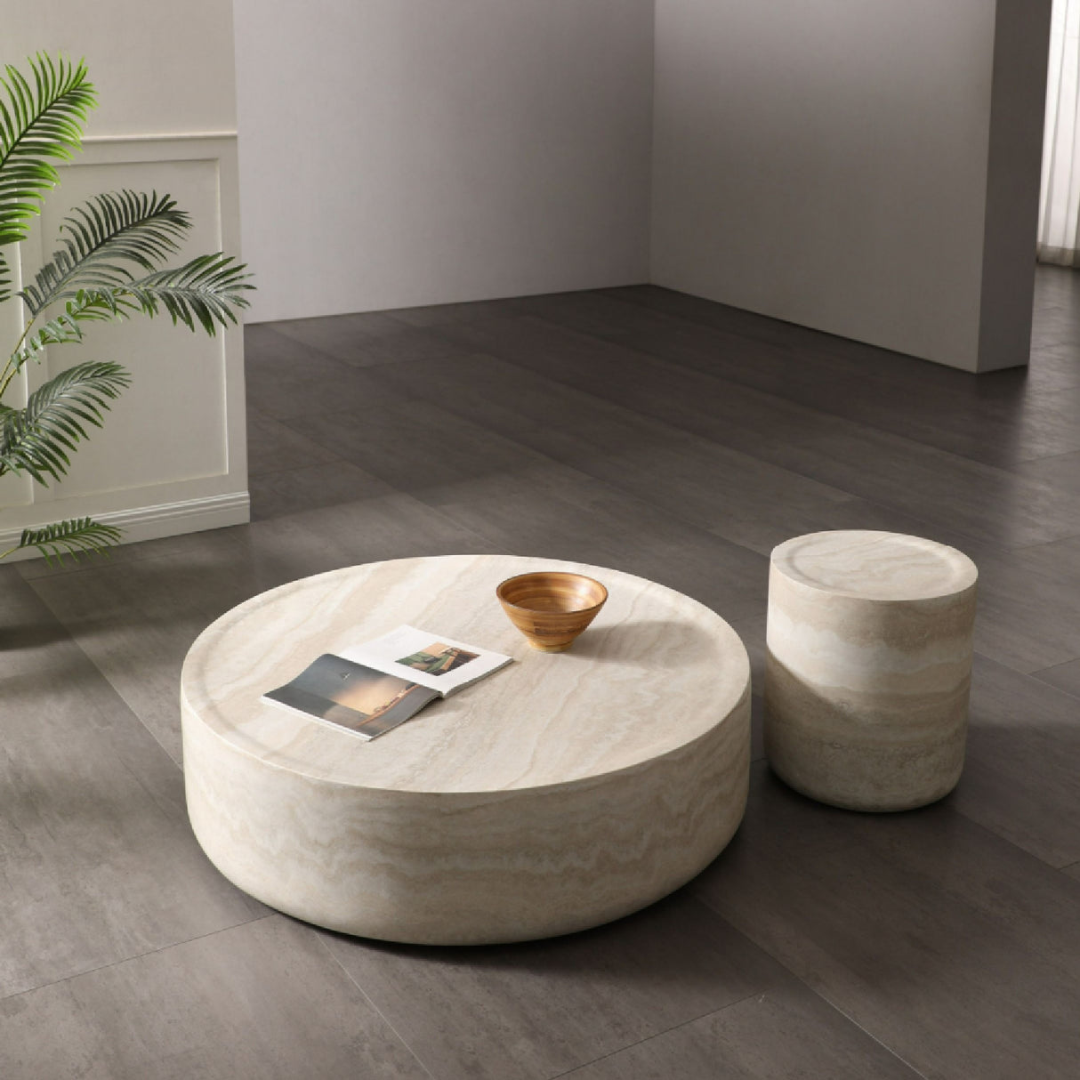 Round Travertine End Table | Oroa.com