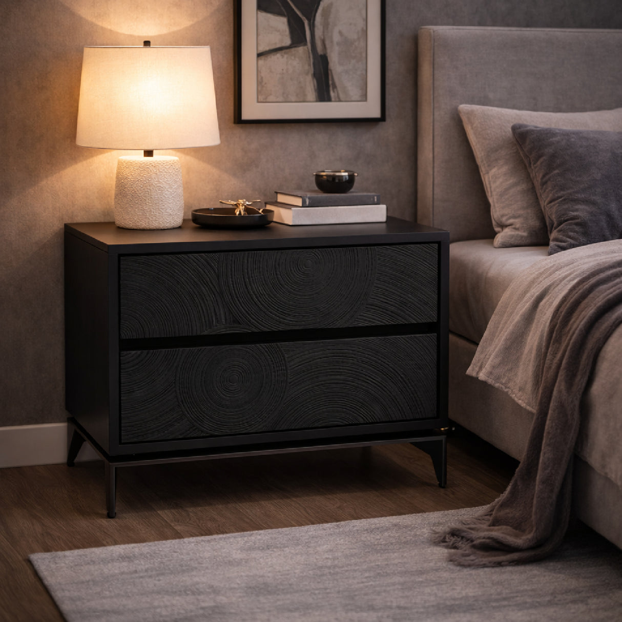 Matte Black Ash 2-Drawer Nightstand | Oroa.com