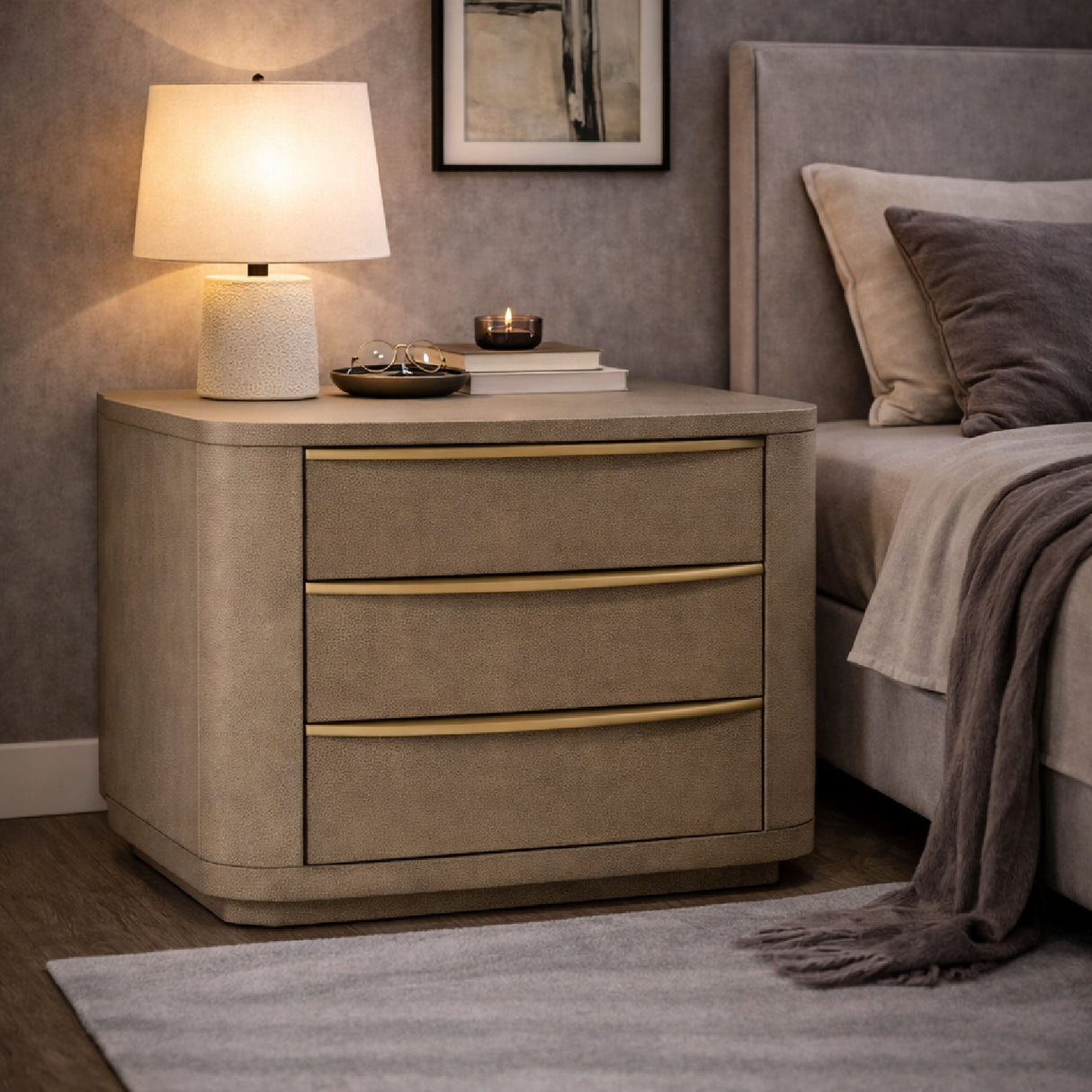 Beige Shagreen 3-Drawer Nightstand | Oroa.com