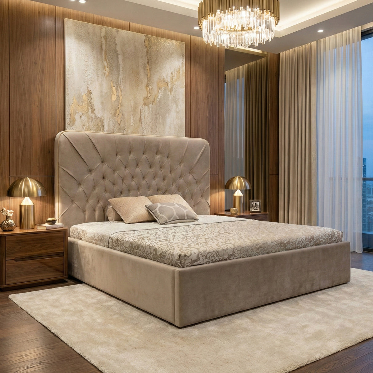 Tufted Beige Velvet Queen Bed | Oroa.com