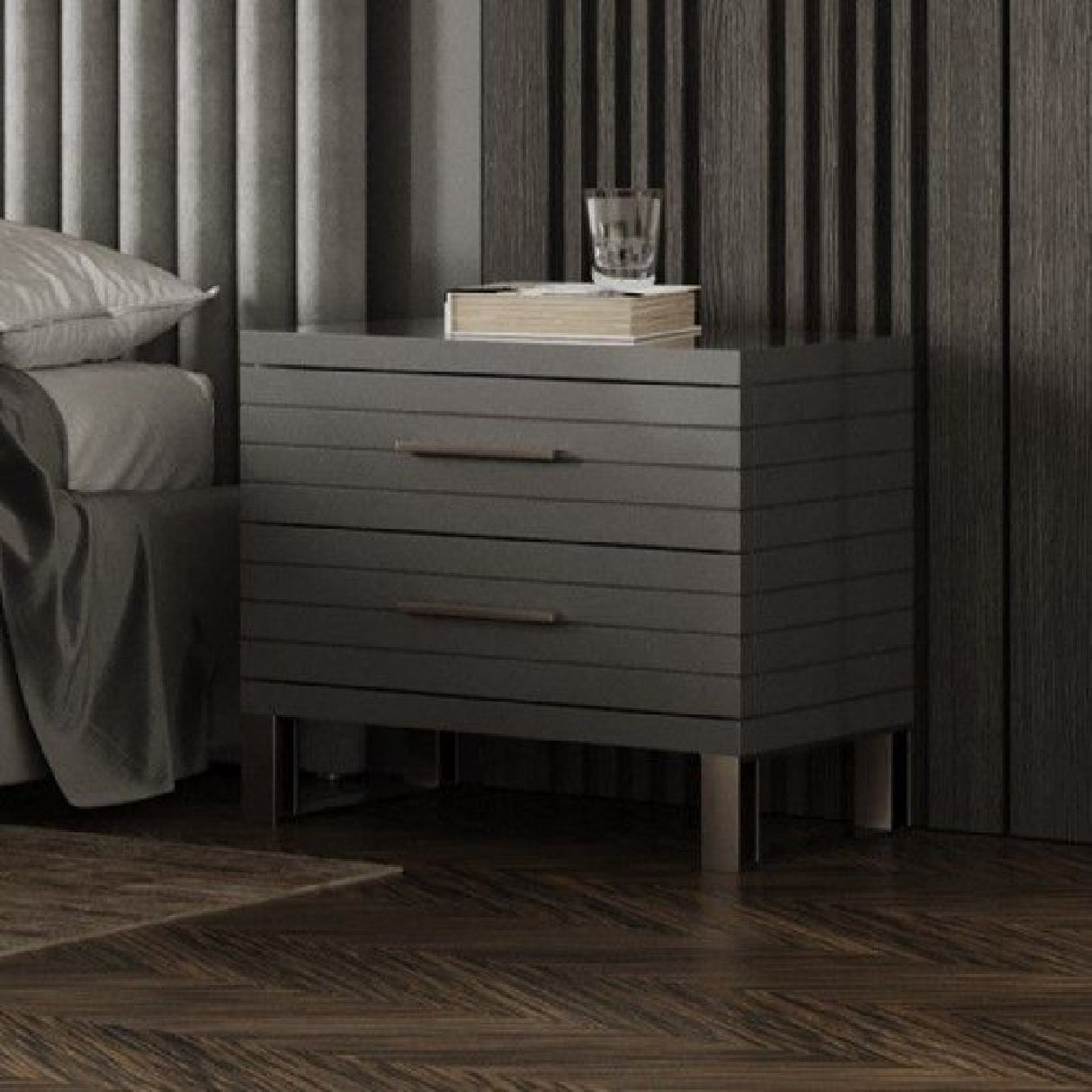 Gray Slatted 2-Drawer Nightstand | Oroa.com