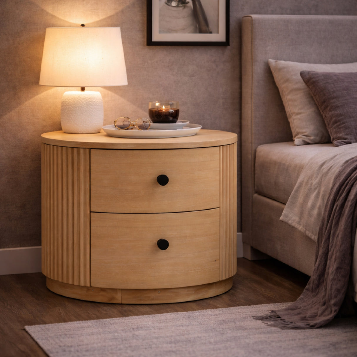 Ribbed Natural Acacia 2-Drawer Nightstand | Oroa.com