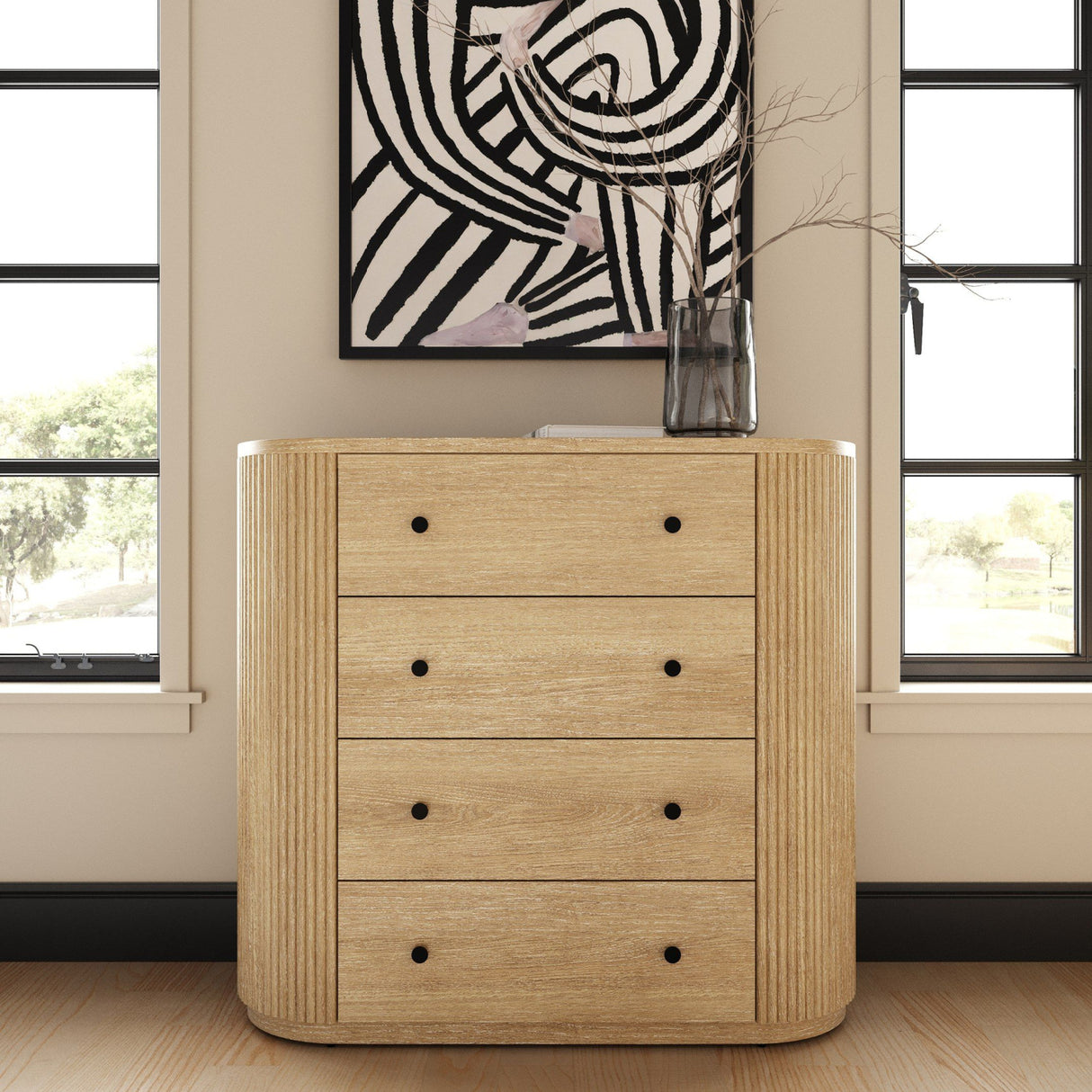 Ribbed Natural Acacia 4-Drawer Chest | Oroa.com