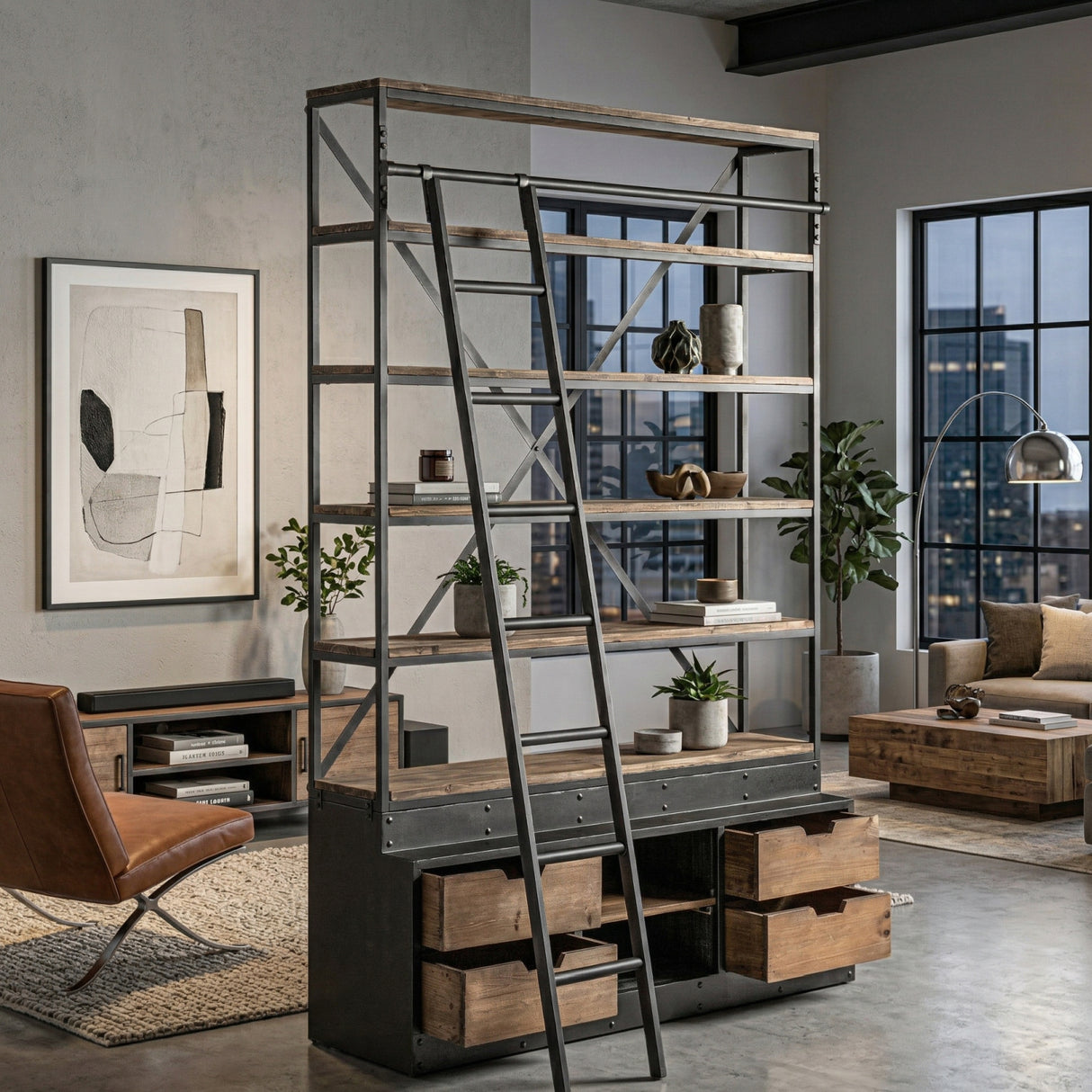 Iron Framed Bookcase with Ladder | Oroa.com
